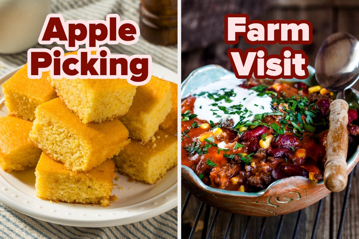 A plate of cornbread and a bowl of chili with toppings are shown, labeled "Apple Picking" and "Farm Visit."