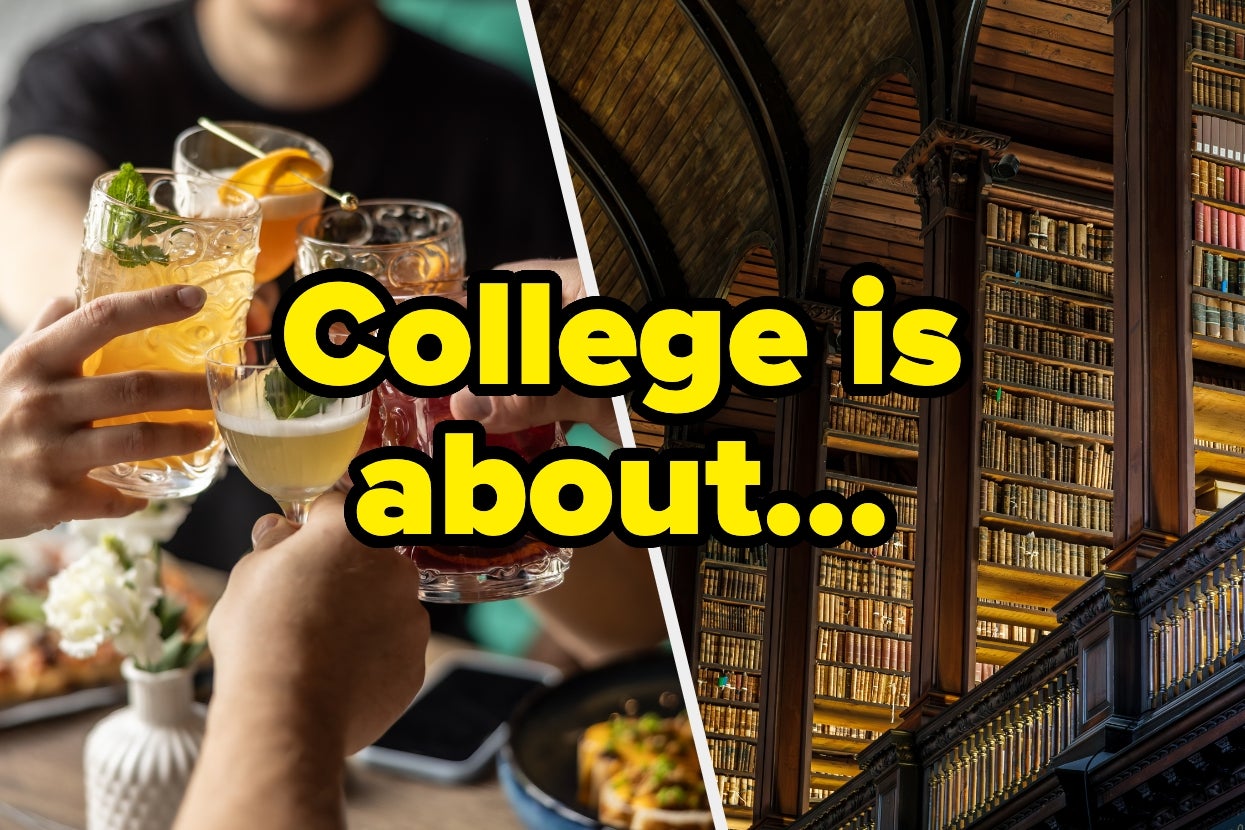 People toasting with drinks on one side; a grand library interior on the other. Text: "College is about..."