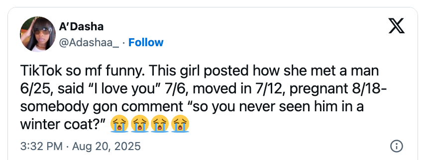 Tweet about a quick relationship timeline, with humorous comment questioning if the girl ever saw the man wearing a coat