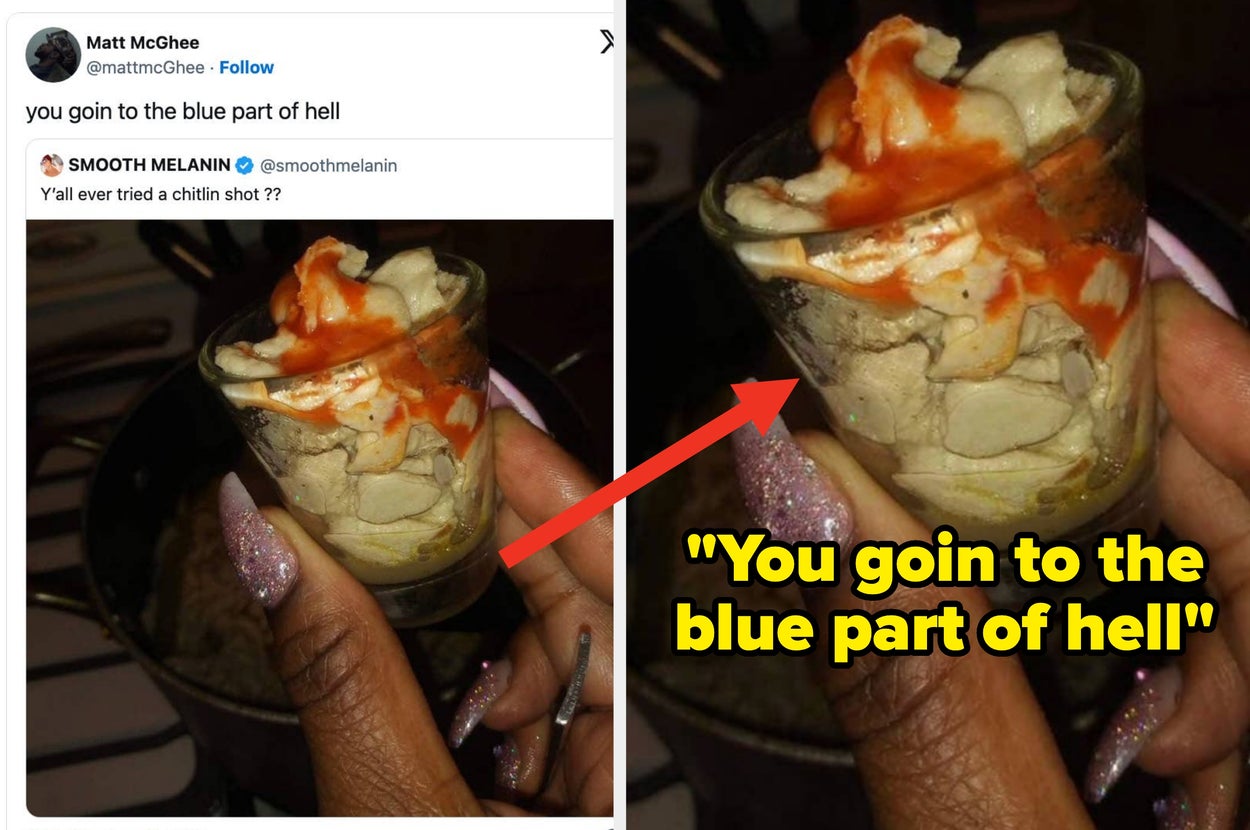 A user shares a photo on social media showing a small glass filled with chitlins and topped with hot sauce, labeled "Chitlin shot."