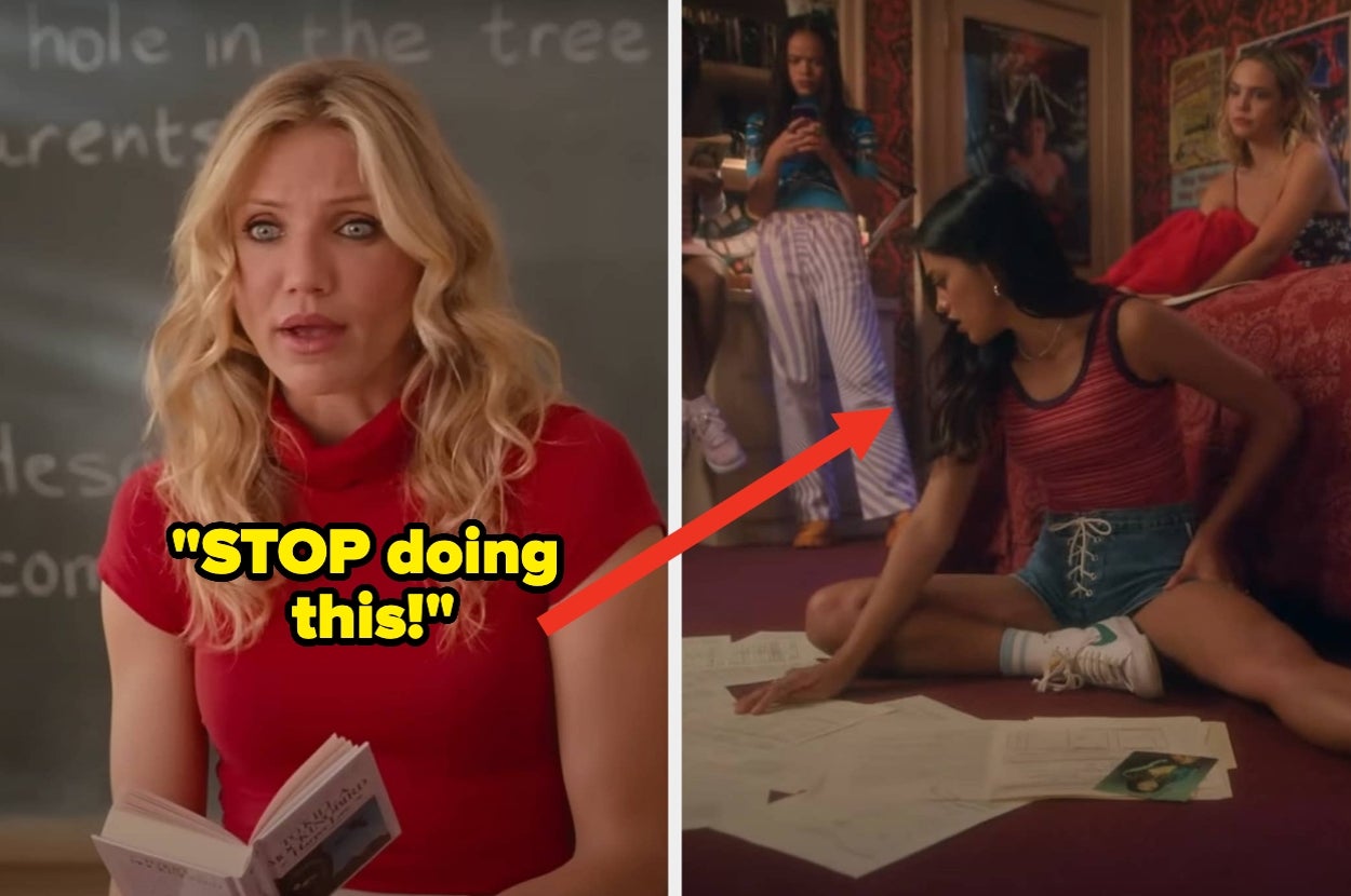 Woman on left holds a book, appears concerned in classroom. On right, a teenage girl sits on the floor with papers spread around her