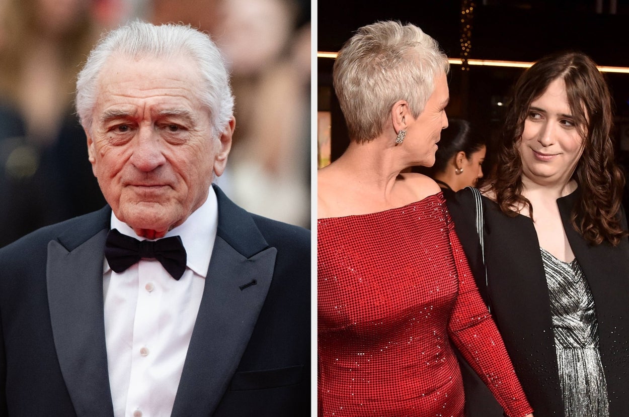 An older man in a tuxedo on the red carpet; two women at an event in glitzy evening gowns, one with sequins and the other with a sheer cape
