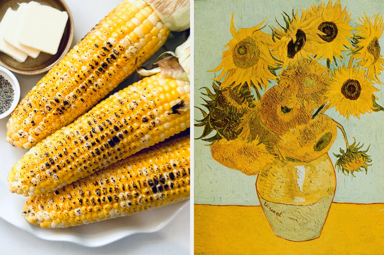 Grilled corn on a plate with butter and pepper beside a painting of sunflowers in a vase