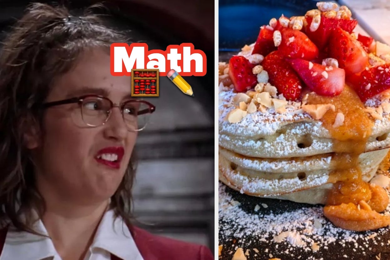 Person making a skeptical face next to a stack of pancakes topped with strawberries and nuts; a "Math" sticker overlays the image
