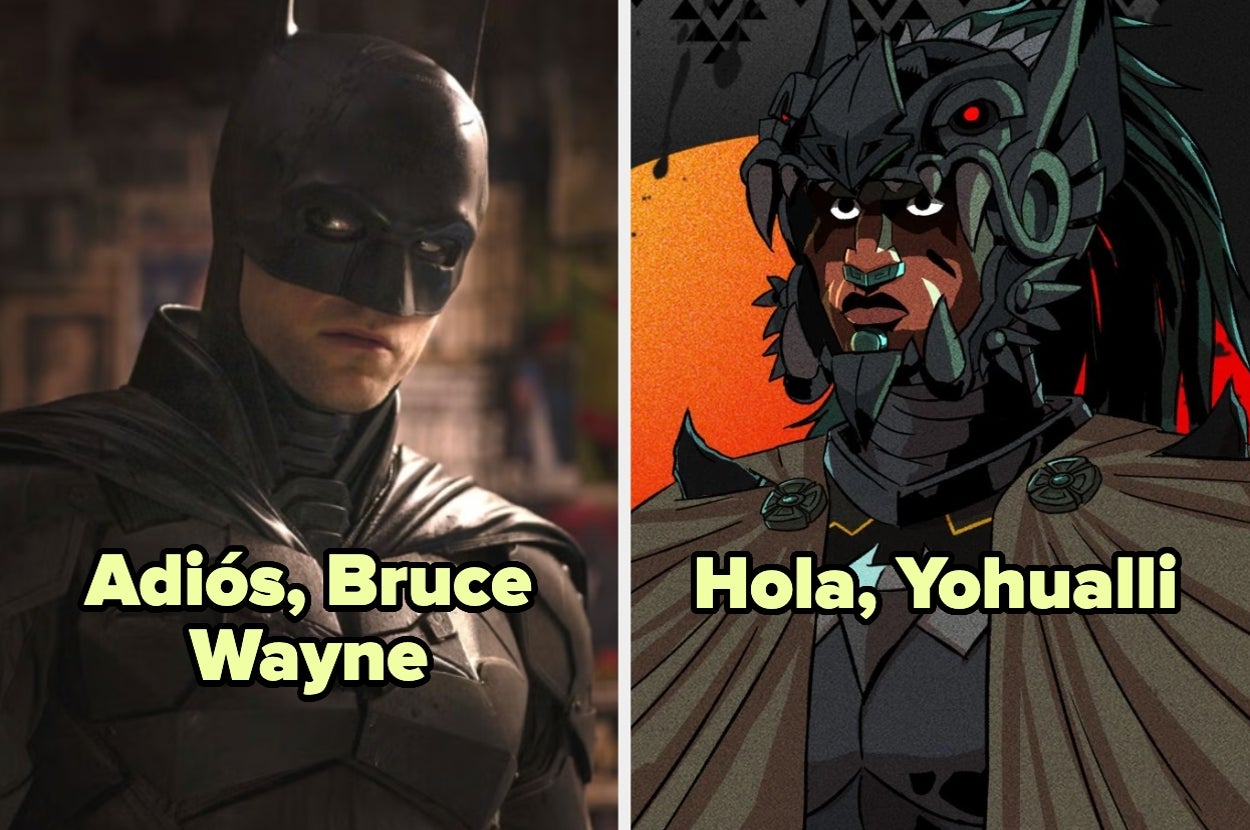 A la izquierda, Batman con traje oscuro; a la derecha, un personaje con casco y capa. Texto: "Adiós, Bruce Wayne. Hola, Yohualli"