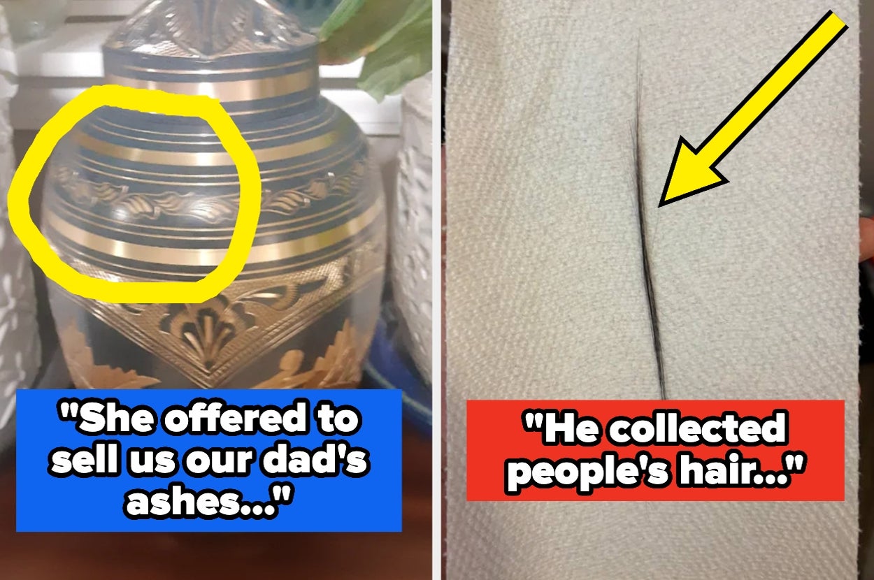 A collage with an ornate urn and a close-up of paper towel. Captions: "She offered to sell us our dad's ashes..." and "He collected people's hair..."