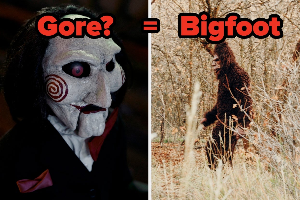 Jigsaw from "Saw" on left; a person in a Bigfoot costume in the woods on right. Text "Gore? = Bigfoot"