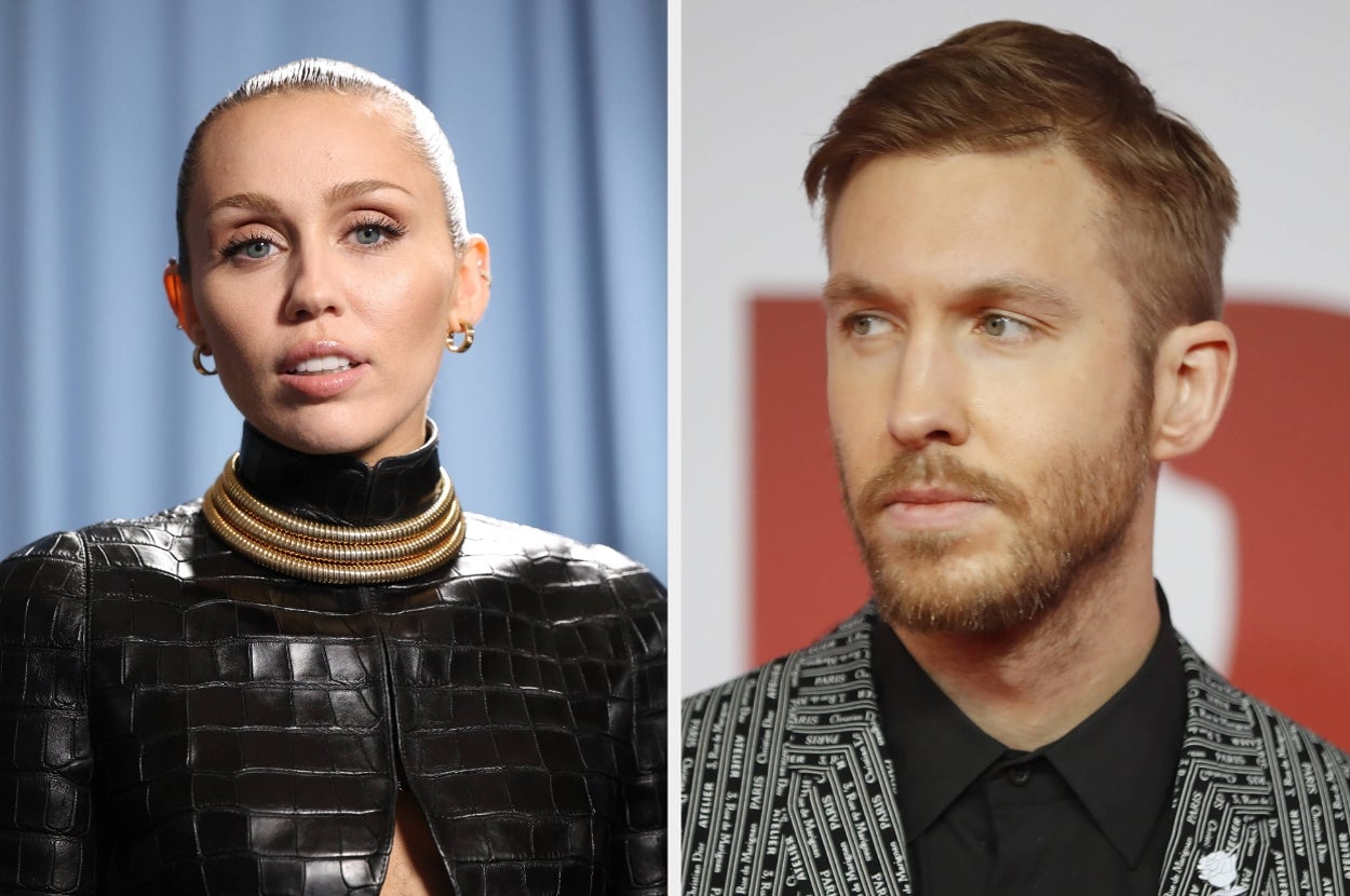 Miley Cyrus in a textured leather outfit with bold jewelry vs Calvin Harris in a patterned suit