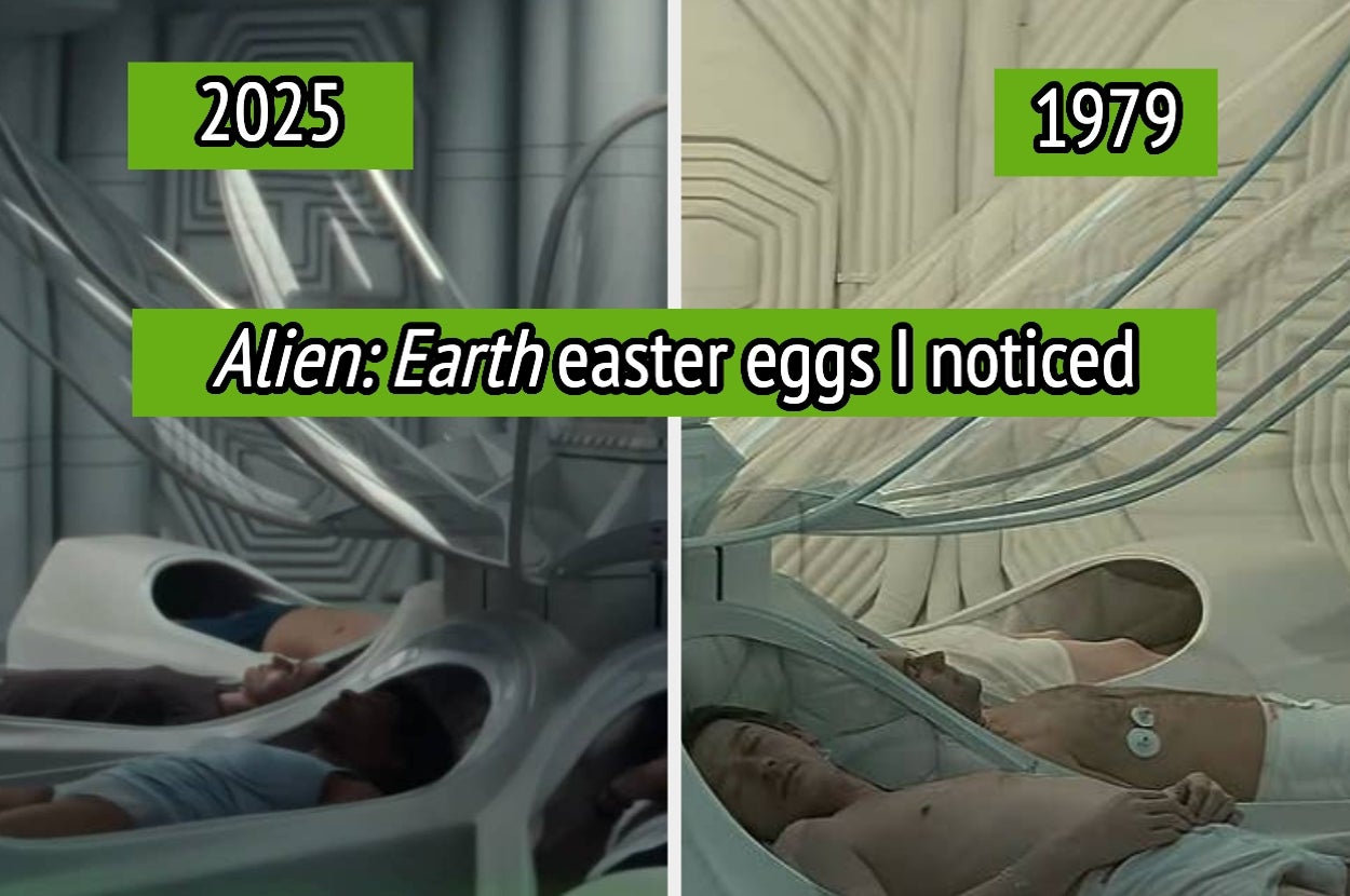 Comparison of futuristic pod scenes from "Alien: Earth" (2025) and "Alien" (1979), highlighting visual similarities as Easter eggs