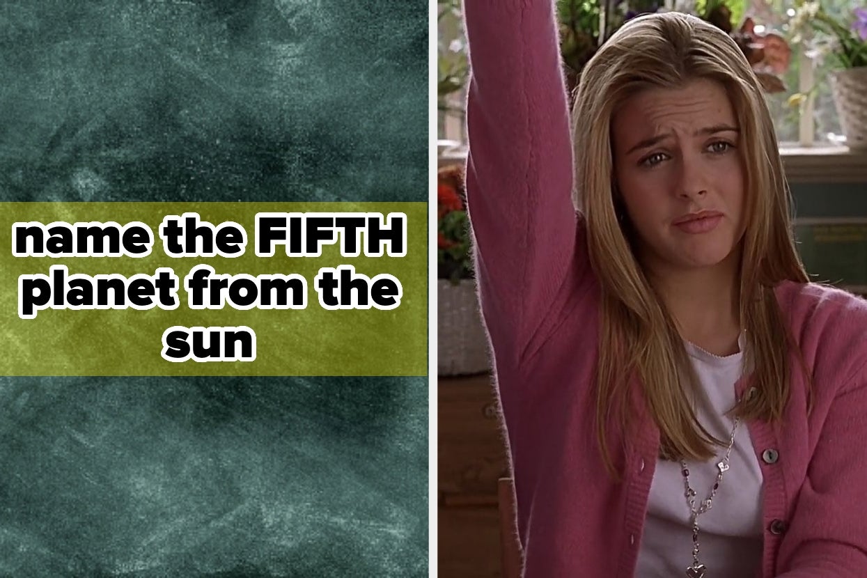 Text on left asks, "name the fifth planet from the sun." On right, person raising hand, looking unsure
