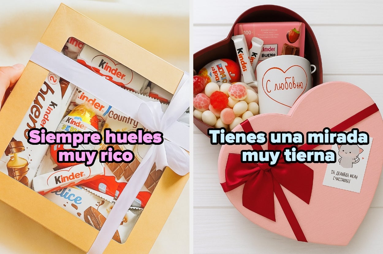 Caja de dulces Kinder Ferrero a la izquierda con texto "Siempre hueles muy rico", caja de chocolates en forma de corazón a la derecha con texto "Tienes una mirada muy tierna"