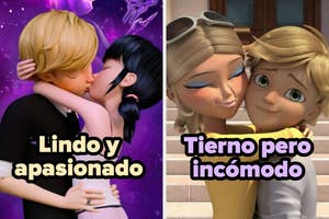 Personajes animados en dos escenas: uno besándose apasionadamente y otro abrazándose de manera incómoda. Texto: "Lindo y apasionado", "Tierno pero incómodo"
