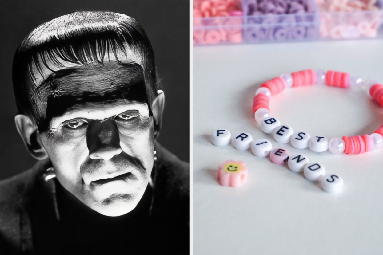 Frankenstein's monster from a classic film on the left; a "best friends" bead bracelet with pink beads on the right