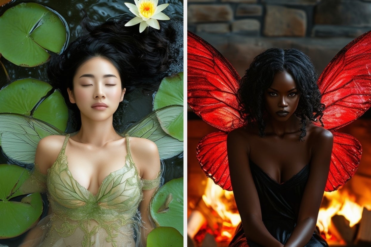 Two women in fairy costumes. Left: Fairy in a pond with serene expression. Right: Fairy with red wings, sitting against an earthly backdrop