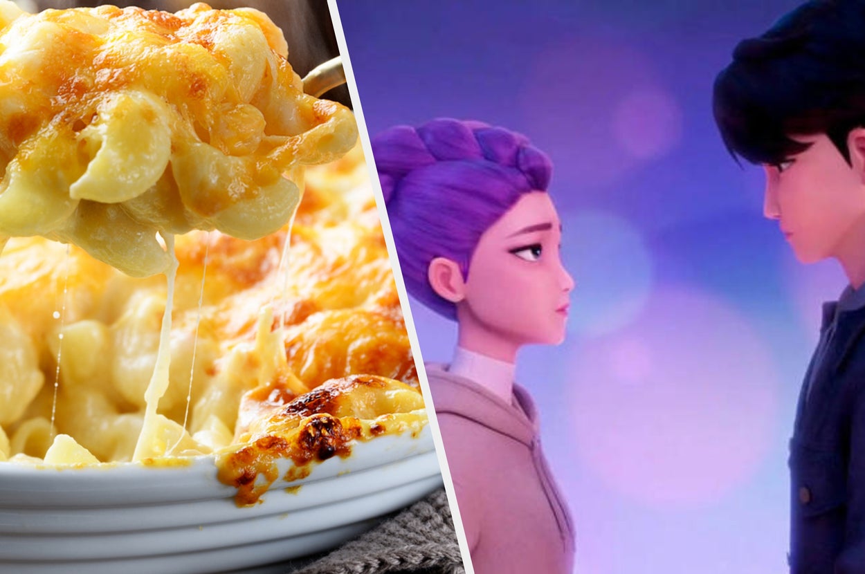 Close-up of cheesy macaroni and cheese on the left; animated characters, a girl with purple hair and a boy, face each other on the right