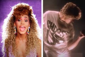 Two people performing energetically; one with curly hair and vibrant jewelry, the other wearing a graphic T-shirt, both evoking a retro music vibe
