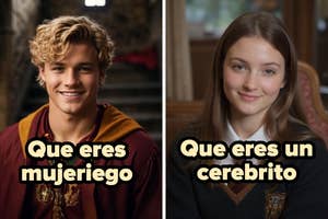 A la izquierda: joven con traje estilo mágico, texto "Que eres mujeriego". A la derecha: joven con uniforme escolar, texto "Que eres un cerebrito"