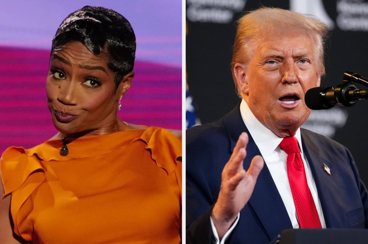 Two individuals side-by-side: one poses in an orange dress with ruffled sleeves; the other speaks at a podium, gesturing with hand