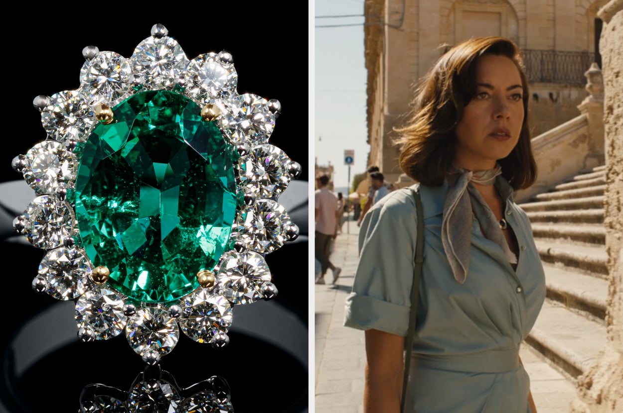 On the left, a ring with an emerald in the center and diamonds around it, and on the right, Aubrey Plaza in Italy as Harper on The White Lotus