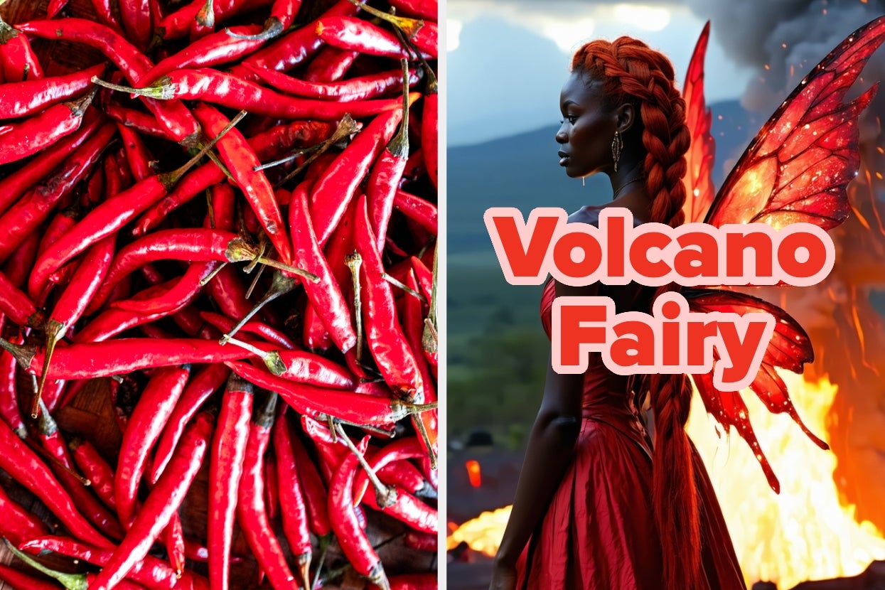 Close-up of red chili peppers. Woman with fairy wings and braided hair in a red dress near a volcano. Text: "Volcano Fairy."