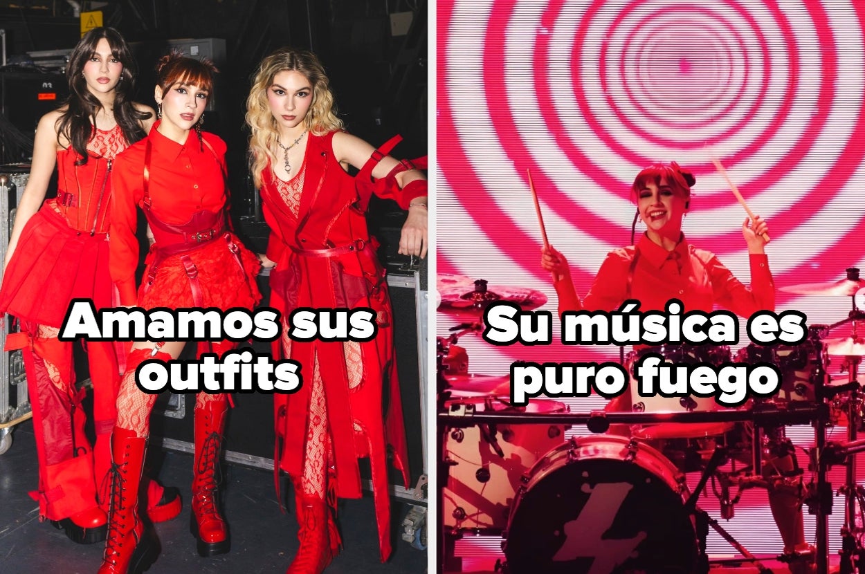 Tres mujeres con atuendos modernos y rojos en un backstage. Baterista en atuendo rojo tocando frente a pantalla con diseño hipnótico
