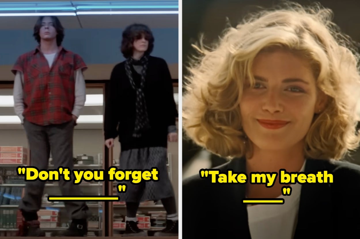 Split image: Left shows teens in a library with quote “Don't you forget ___.” Right features a smiling woman with quote “Take my breath ___.”