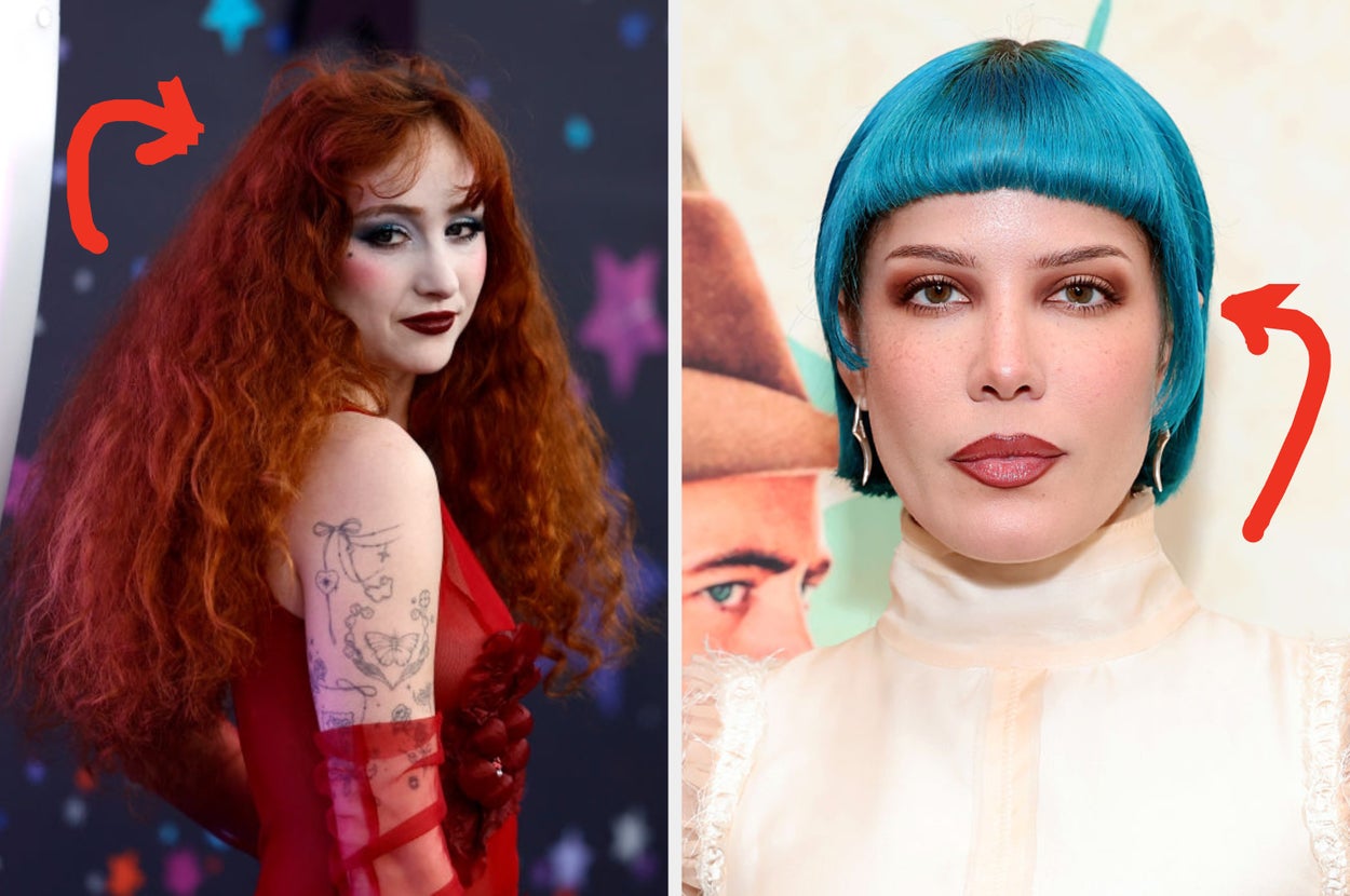 Chappell Roan with an arrow pointed at her curly red hair; Halsey with an arrow pointed at her short blue bob
