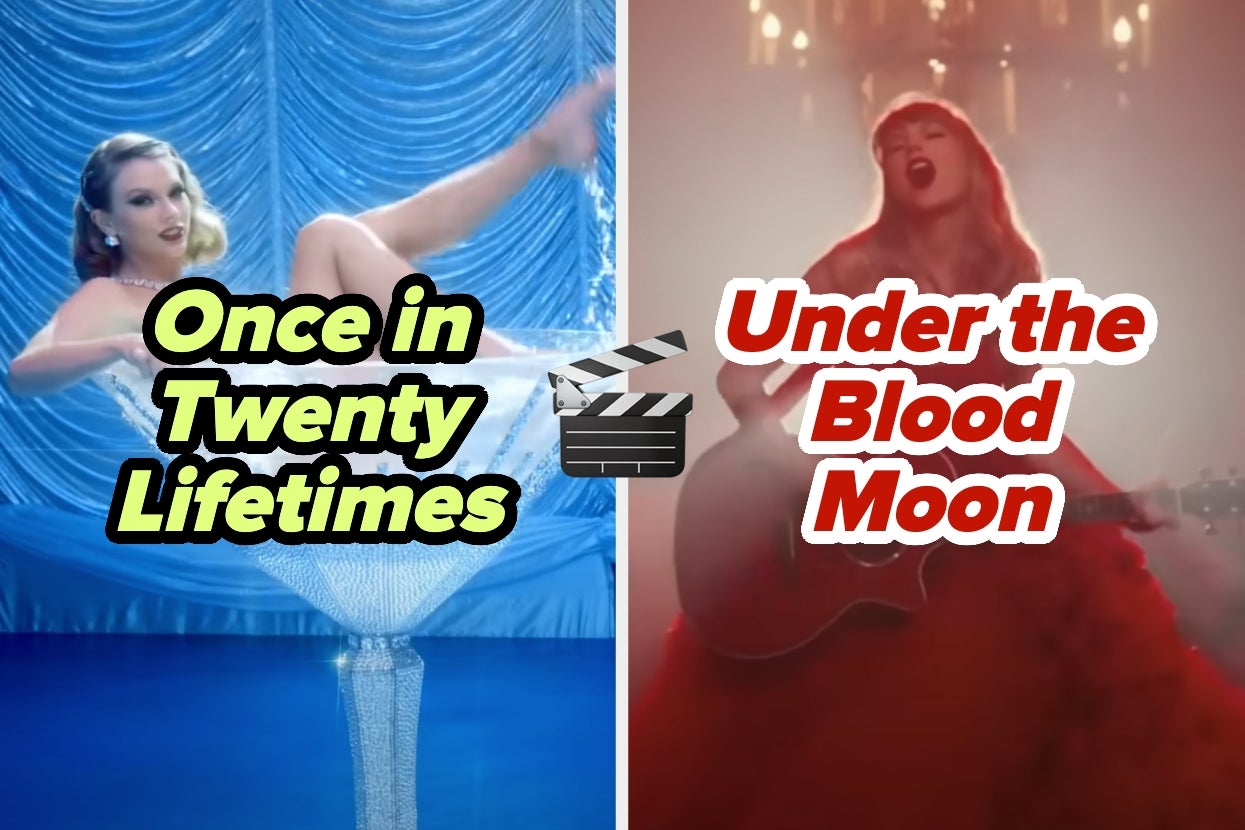 Split image: Left shows Taylor in glamorous retro outfit lounging in a champagne glass in "Bejeweled" labeled "Once in Twenty Lifetimes." Right shows her in dramatic gown playing a guitar in "I Bet You Think About Me" labeled "Under the Blood Moon"