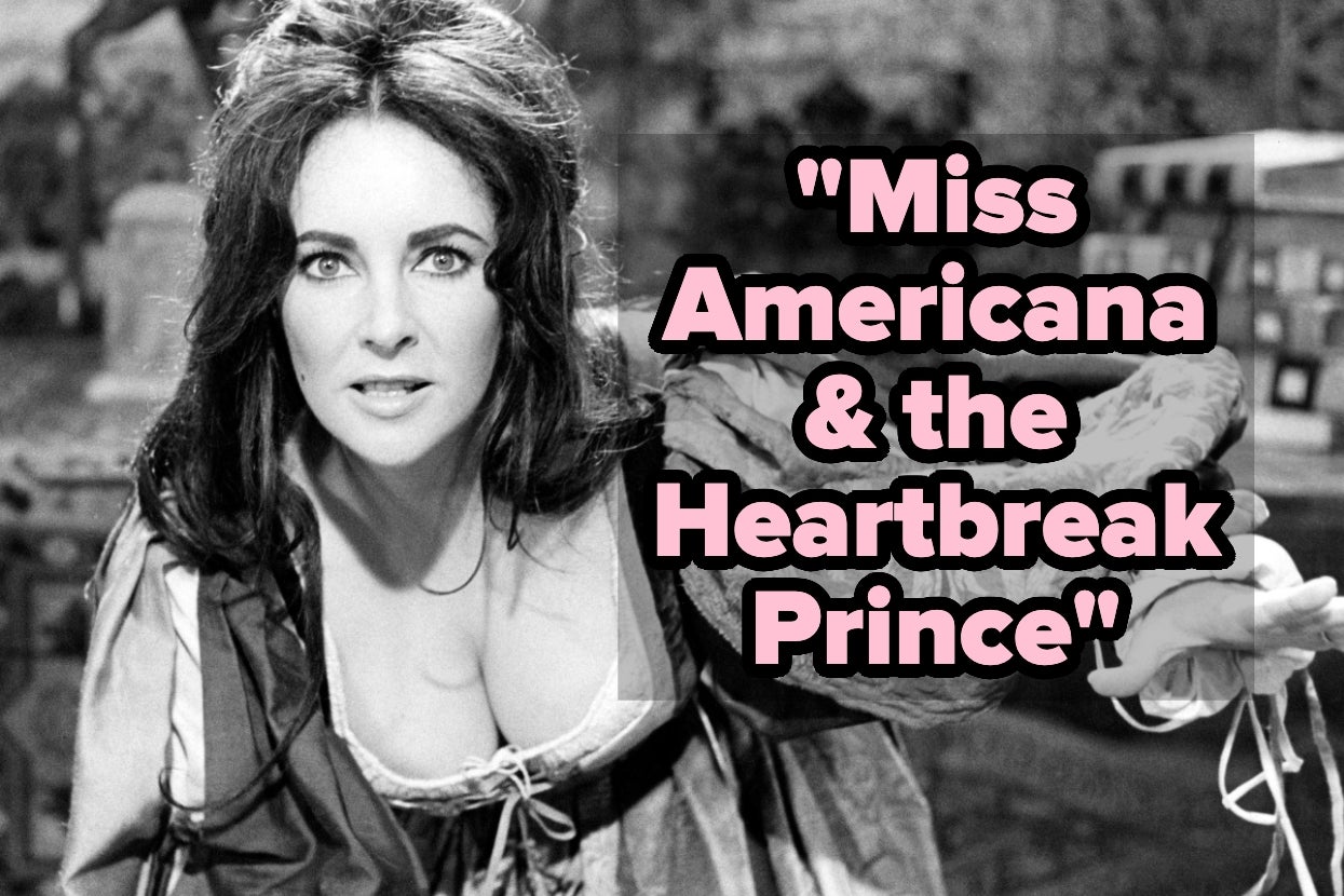 Elizabeth Taylor in period-style attire extending her hand, with text reading "Miss Americana & the Heartbreak Prince" beside her