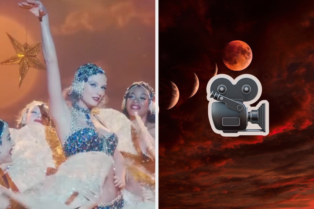 Taylor Swift in a sequined outfit on stage with dancers in "Bejeweled" music video, alongside an artistic graphic featuring a film camera and celestial imagery