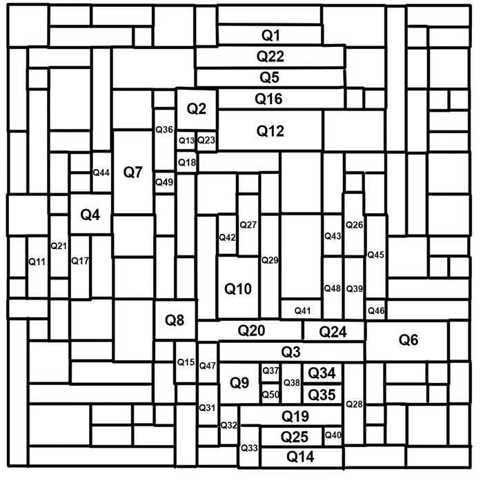 Crossword grid with numbered squares for clues, ranging from Q1 to Q45. Grid features interconnected horizontal and vertical boxes