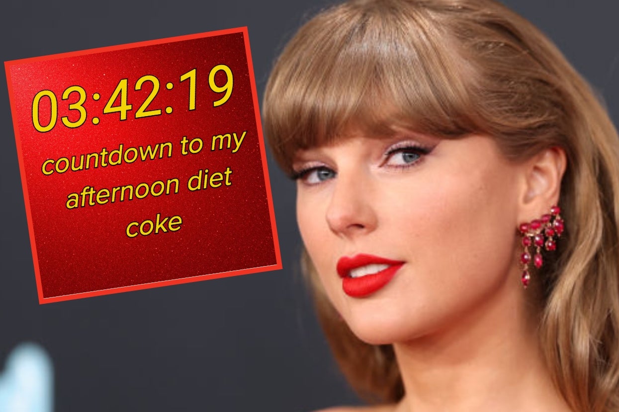 A person with full bangs, pearl and ruby earrings. Floating text reads, "03:42:19 countdown to my afternoon diet coke" on a red background