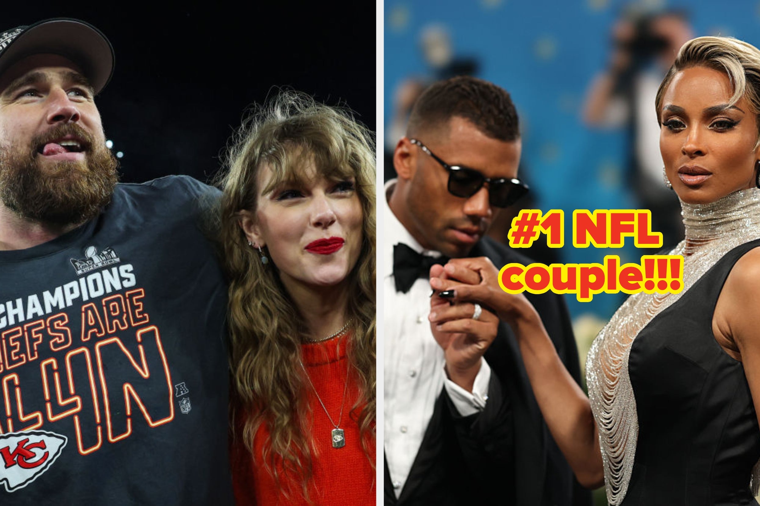 Two side-by-side images. Left: A person in a Chiefs shirt with a woman wearing a casual outfit. Right: A well-dressed couple with text saying “#1 NFL couple!!!”