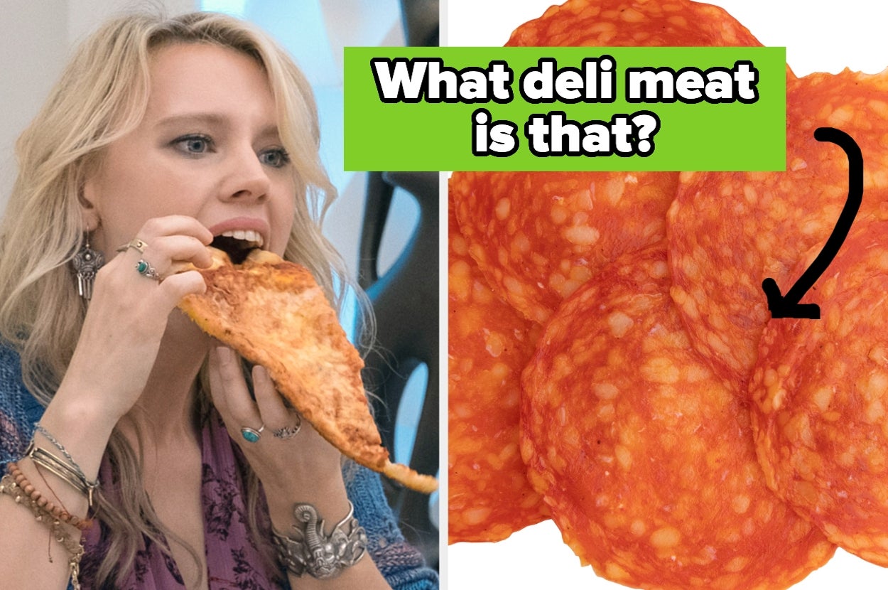 Person humorously eating pizza with a close-up of pepperoni and text asking, "What deli meat is that?"