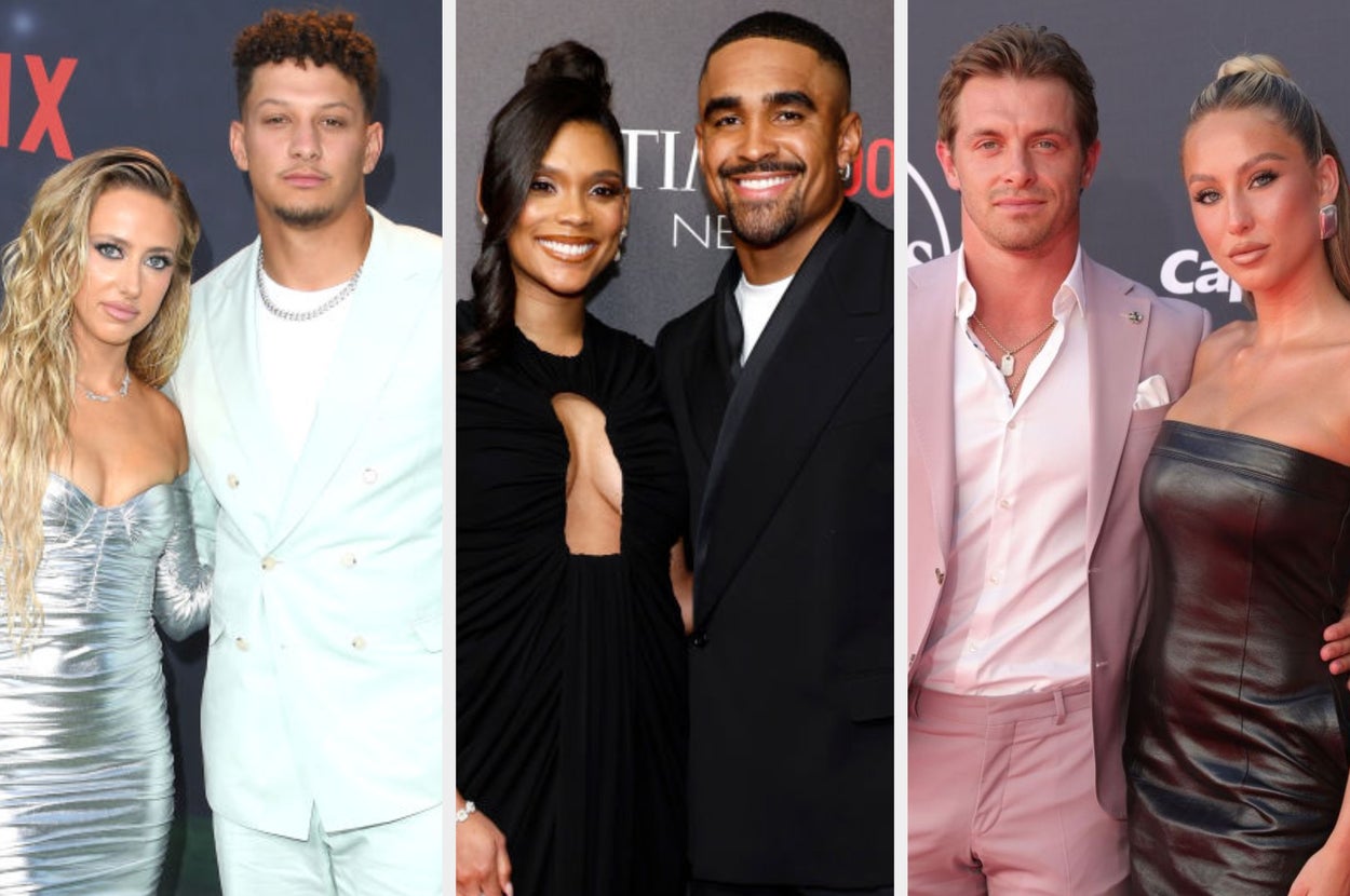 Three couples pose on a red carpet. The fashion varies from elegant evening wear to stylish suits