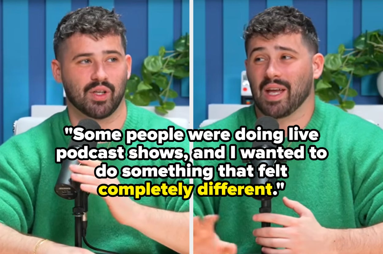 Joe Santagato speaking into a microphone, wearing a cozy sweater and gesturing animatedly, text reads: Some people were doing live podcast shows, and I wanted to do something that felt completely different