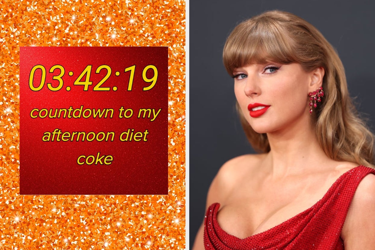 A woman in glamorous red attire is featured with a sparkling countdown reading "03:42:19 countdown to my afternoon diet coke."