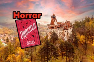 Bran Castle with "Dracula" book cover overlay, labeled "Horror," amidst an autumn forest under a dramatic sky