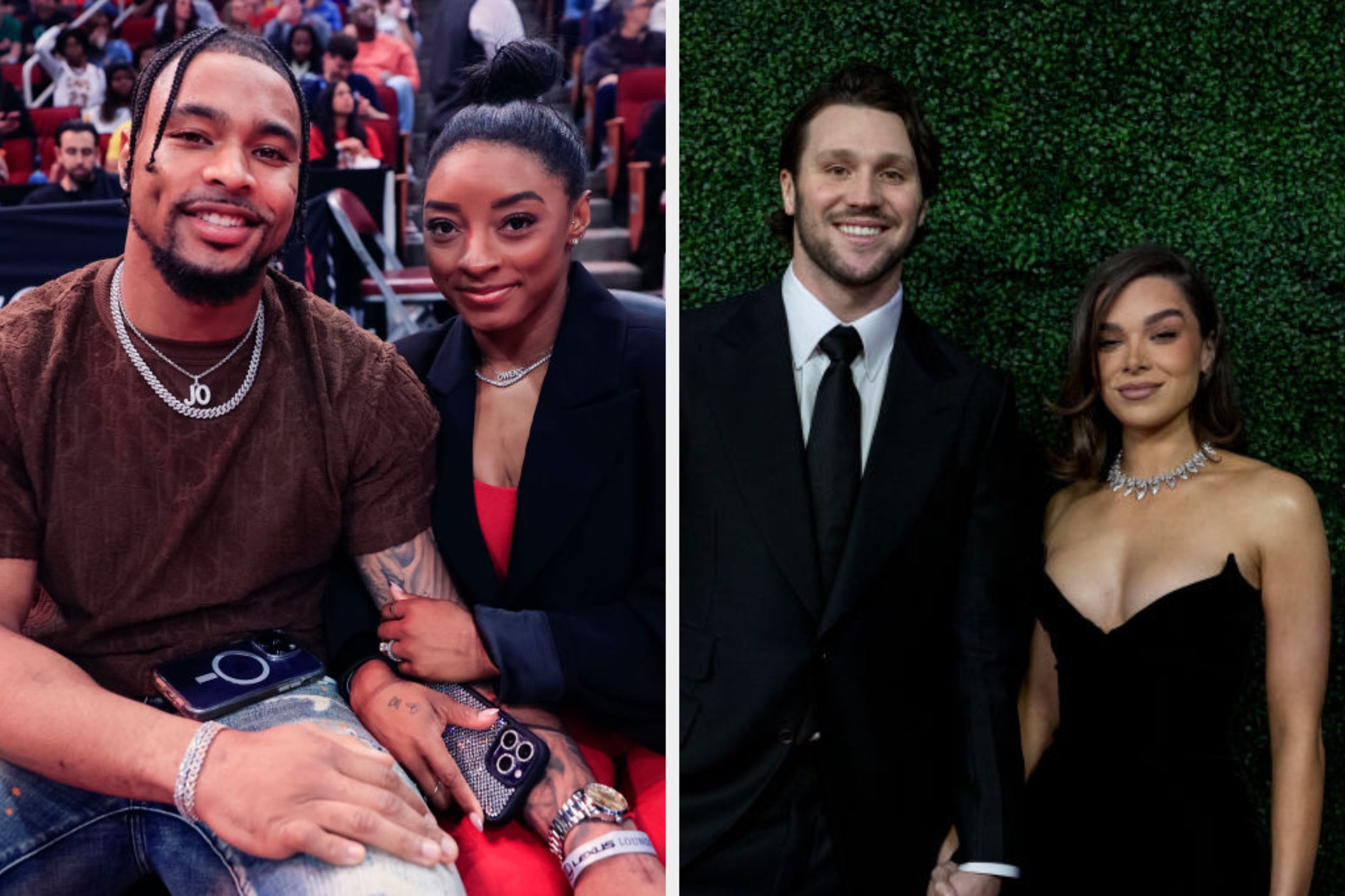Two couples: the first in casual wear, smiling at an event; the second in formal attire on a red carpet with greenery behind them