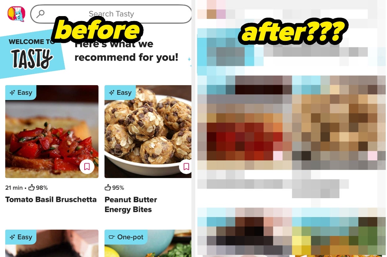 Tasty app showing two recipes: Tomato Basil Bruschetta and Peanut Butter Energy Bites, alongside a blurred section labeled "after???"
