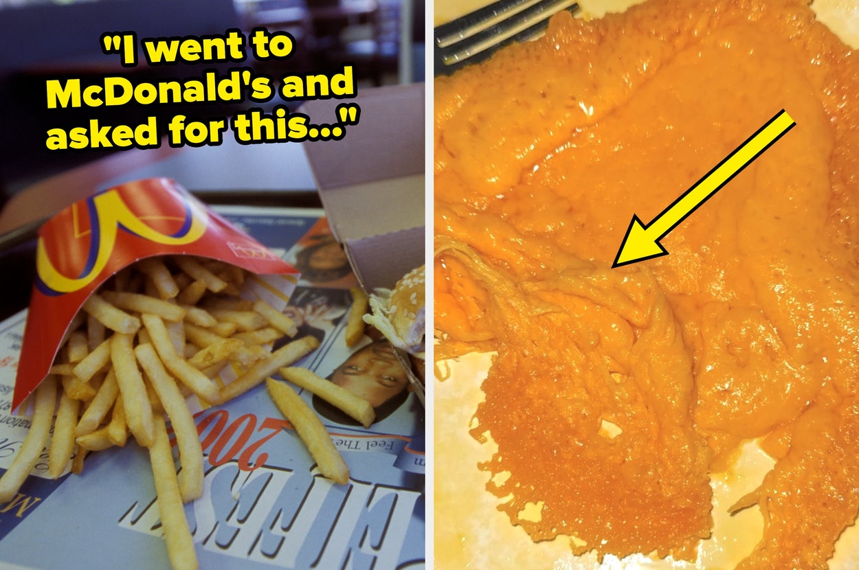 Split image: Left shows McDonald's fries. Right shows melted cheese, highlighted with an arrow, on a tray