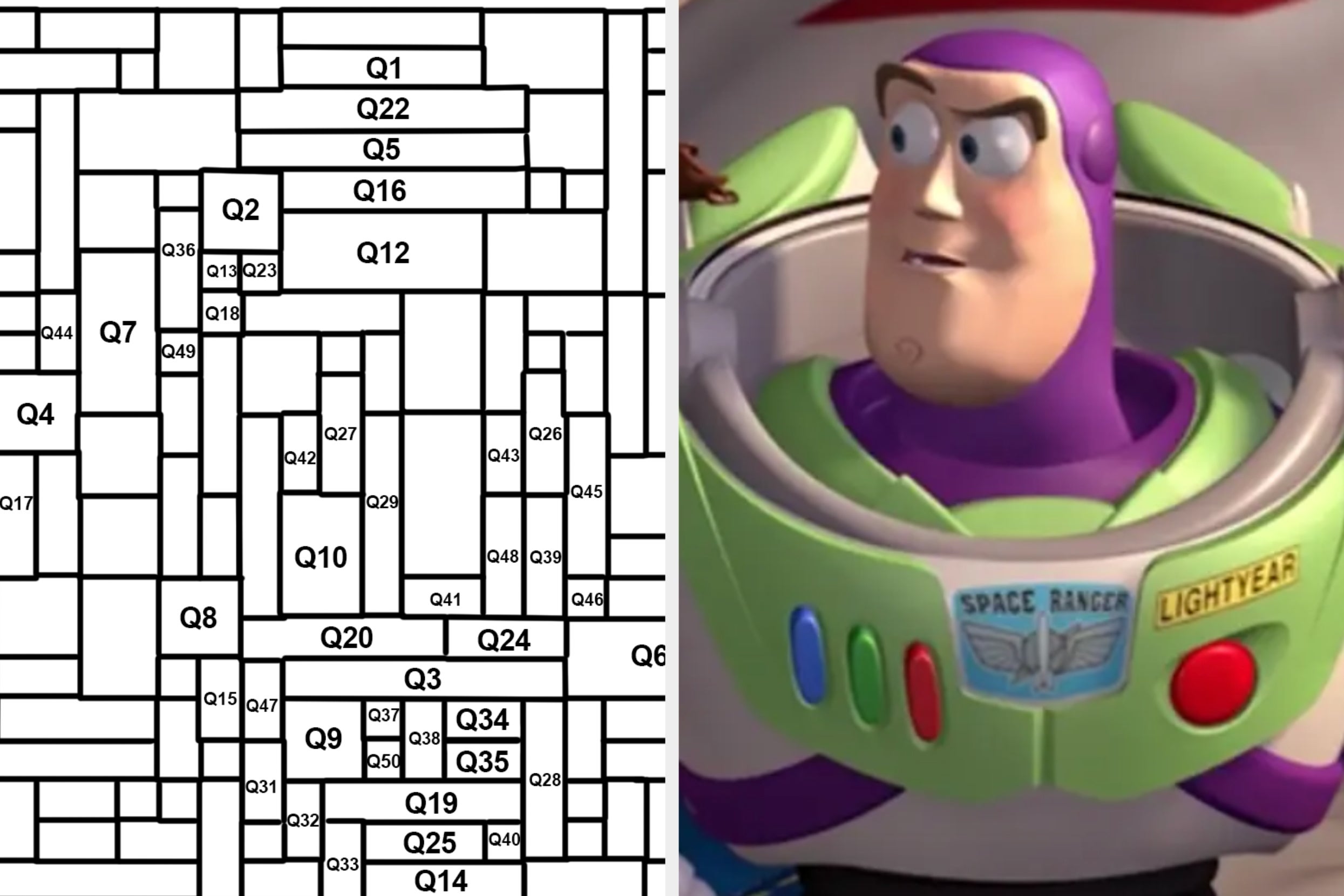 On the left, a detailed maze with labeled sections; on the right, a famous animated space ranger character