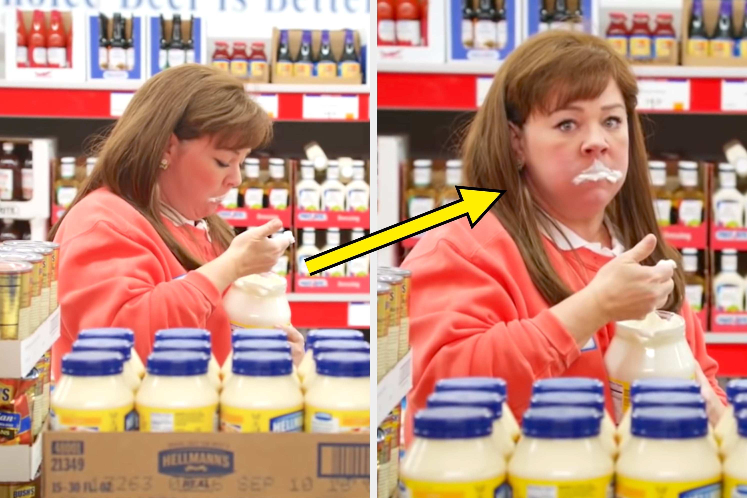 Melissa McCarthy in a grocery aisle eats from a jar of mayonnaise, looking surprised in an SNL sketch
