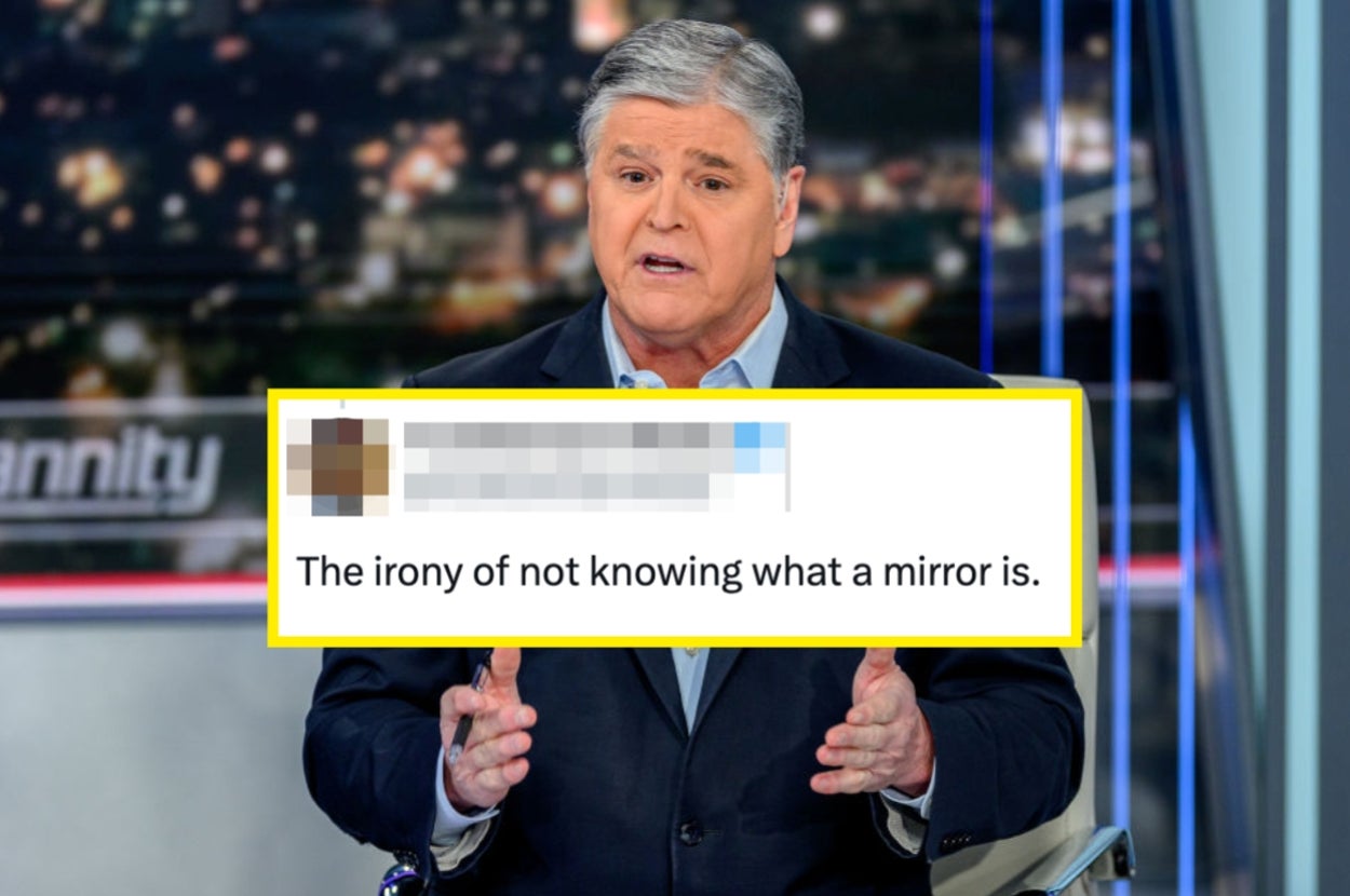 A man in a suit gestures while speaking on a TV set; overlay text reads, "The irony of not knowing what a mirror is."