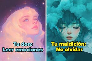 Ilustración con dos retratos estilo etéreo. Texto: "Tu don: Leer emociones" y "Tu maldición: No olvidar"