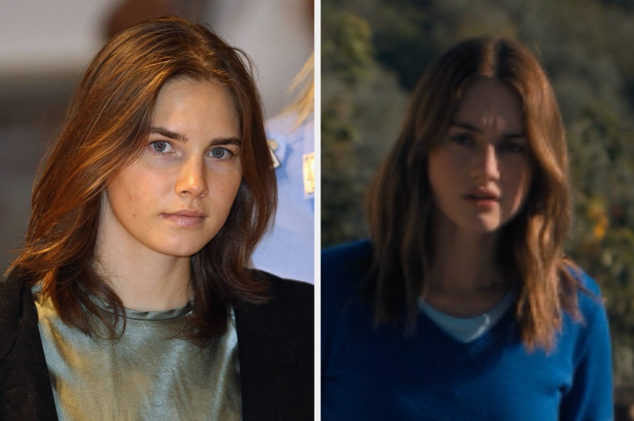 Two images side by side: a person with straight hair looking at the camera; the same person outside with loose hair, wearing a casual top