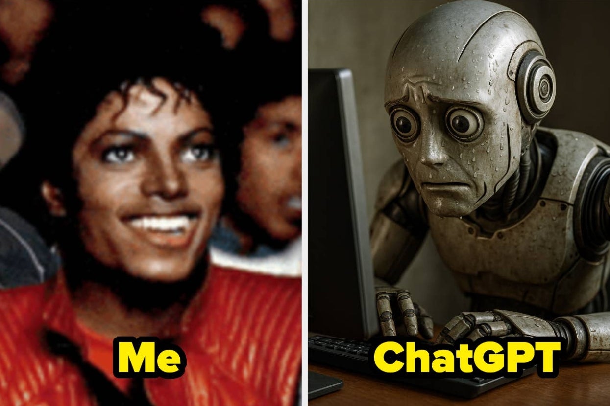 A split image: on the left, a person smiling; on the right, a concerned-looking robot at a computer. Text labels read "Me" and "ChatGPT."