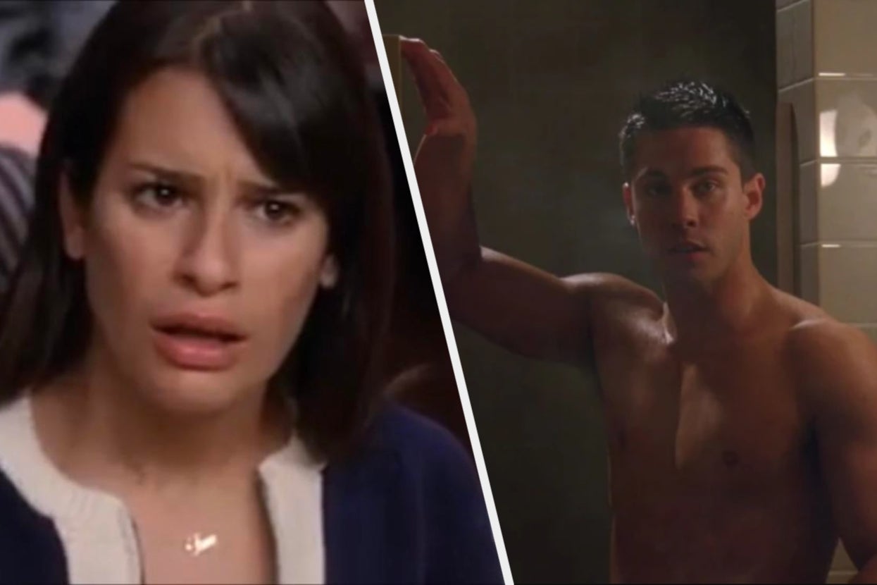 Two TV scenes: A shocked woman and a shirtless man in a dim setting, separated by a diagonal line