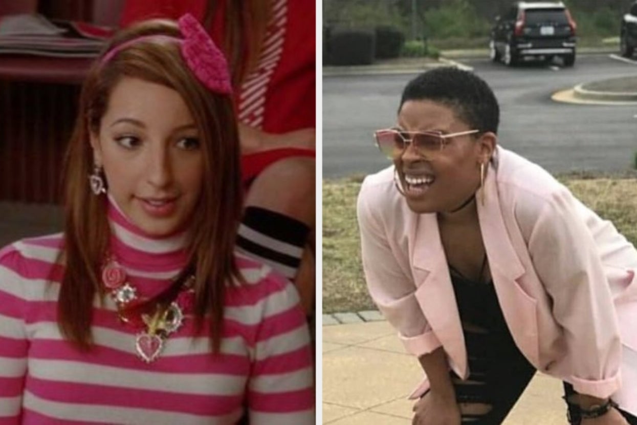 Split image: Left shows a woman in a pink-striped top with jewelry; right shows someone squinting outside, wearing a pink blazer