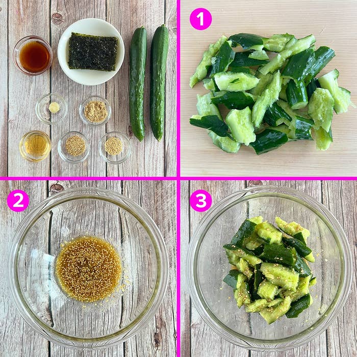 きゅうりと海苔のサラダの作り方。材料と手順: 叩ききゅうり、調味料を混ぜ、最後に全体を和える。